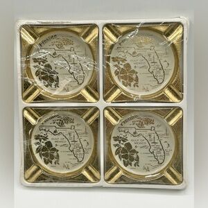 Vintage Ashtrays Mini Tin Florida Gold Tone Gulf Of Mexico Set of 4 New